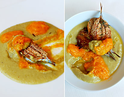 Alici al forno con crema di piselli e carote piccanti