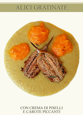 Alici al forno con crema di piselli e carote piccanti