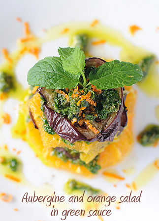 Aubergine and orange salade with green sauce