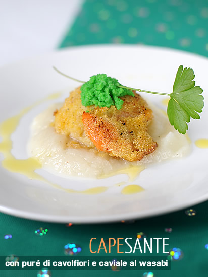 Capesante con purè di cavolfiori e caviale al wasabi