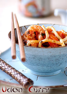 Curry Udon noodles with king prawns