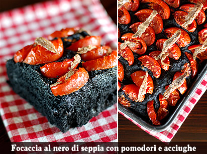Focaccia al nero di seppia con pomodori e acciughe