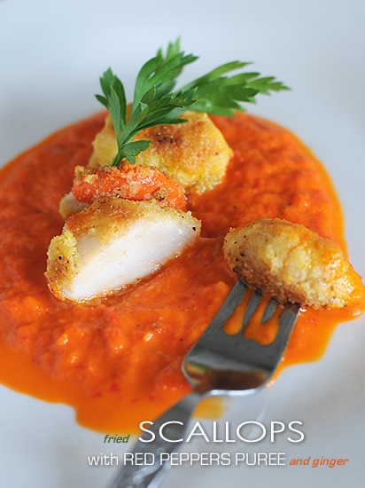 Fried Scallops with ginger red peppers puree