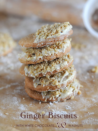 Ginger biscuits with white chocolate and walnuts