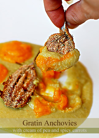 Gratin anchovies with cream of pea and spicy carrots