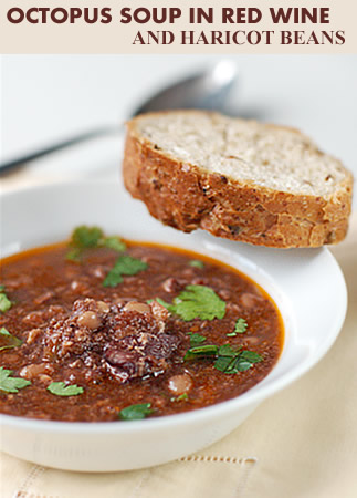 Stewed octopus soup in red wine and beans