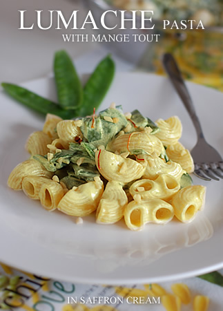 Conchiglie pasta with mange tout in saffron cream?