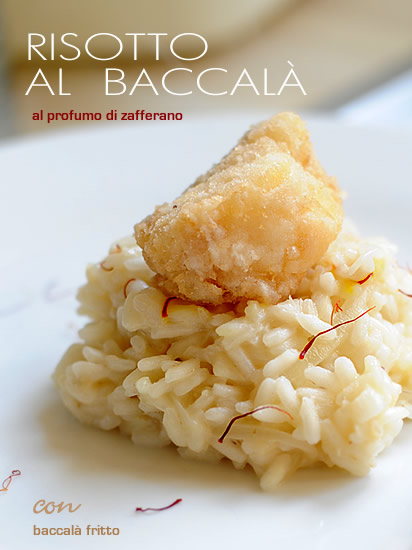Risotto al baccalá al profumo di zafferano e baccala fritto