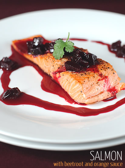 Salmon with beetroot and orange sauce