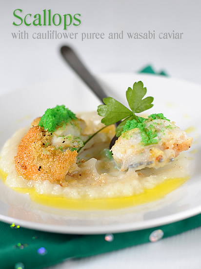 Scallops with cauliflower puree and wasabi caviar