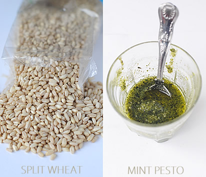 Split wheat and mint pesto