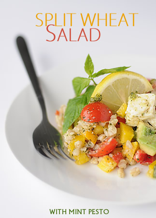 Split wheat salad with mint pesto