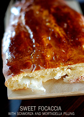 Sweet focaccia filled with mortadella and scamorza